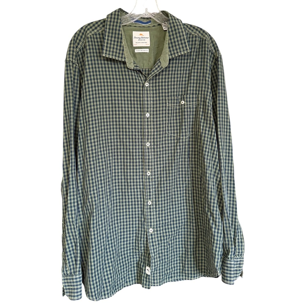 Tommy Bahama Jeans Men XL Gingham Button Down Shirt Island Modern Fit Green Blue